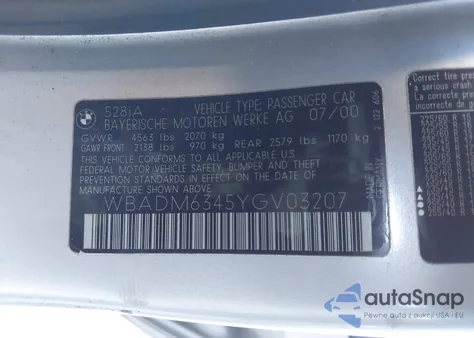 2000 BMW 528Ia z USA, uszkodzony, nr VIN WBADM6345YGV03207